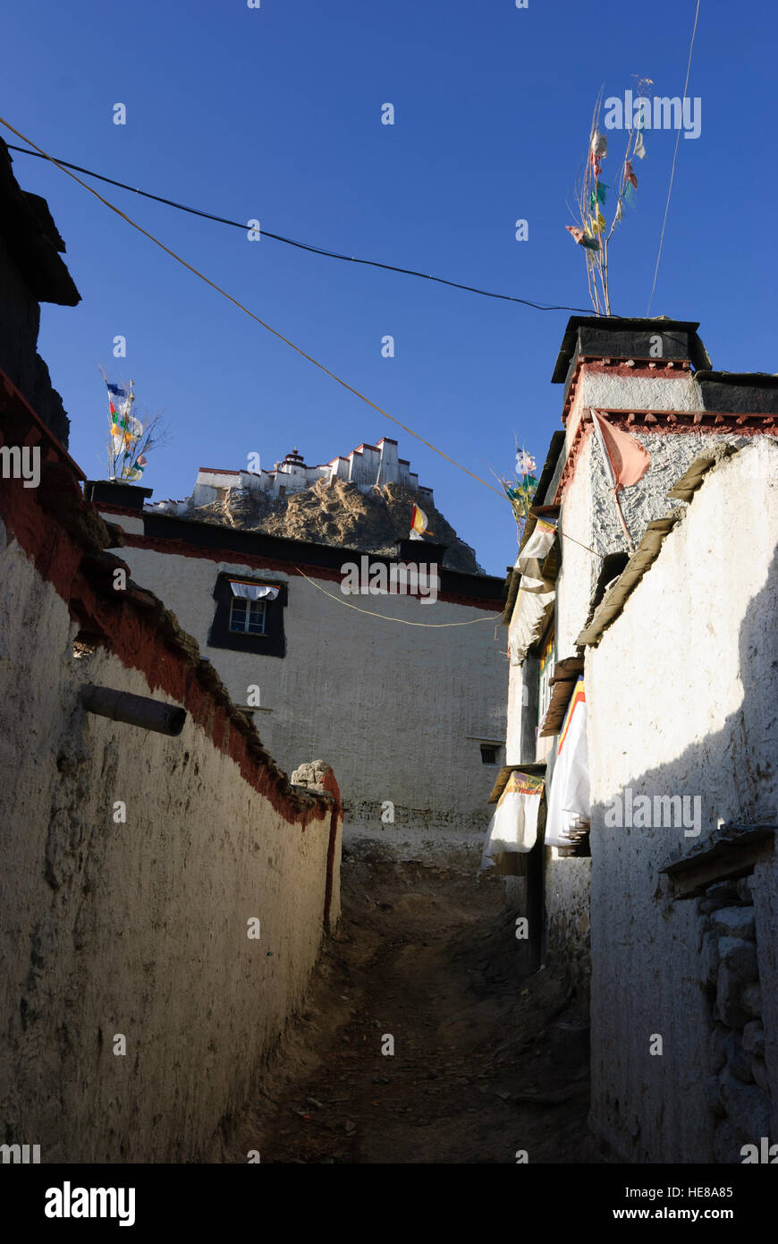 : Gyantse Gyantse Dzong (castillo) y tibetano, casas residenciales, el Tíbet, China Foto de stock