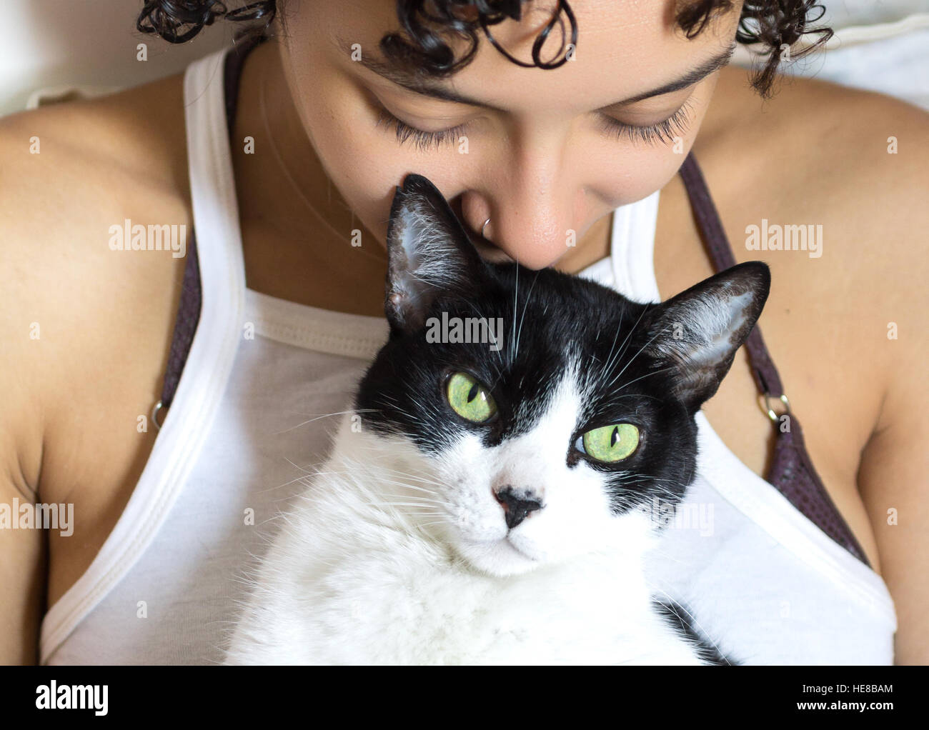 Gato Blanco y negro acostado en el regazo de la muchacha. Amor de mascota. Foto de stock