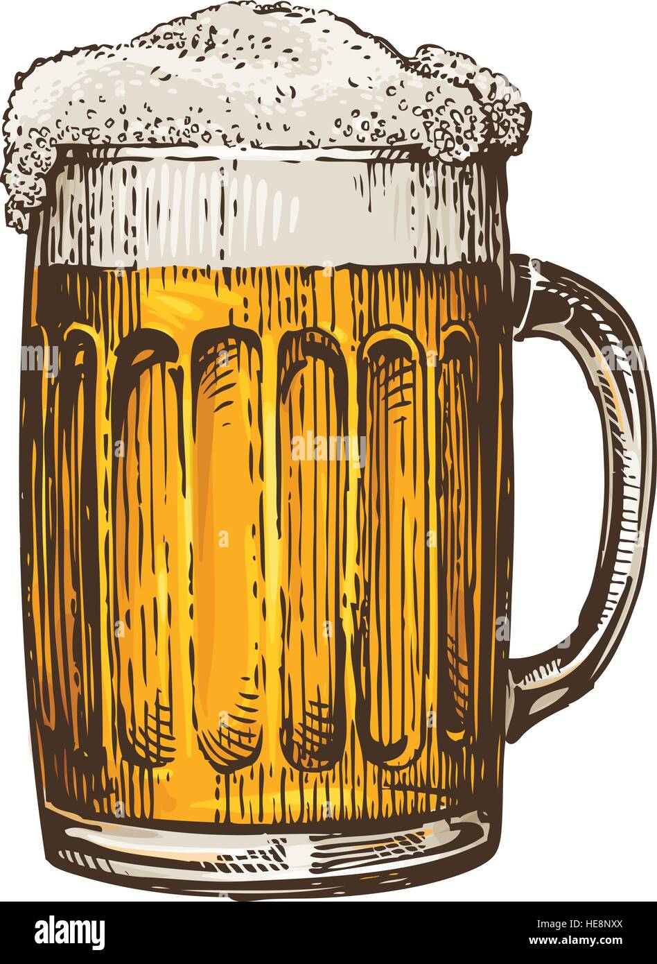 La cerveza en jarra de vidrio con espuma. Ilustración vectorial dibujada a mano Imagen Vector de La cerveza en jarra de vidrio con espuma. Ilustración vectorial dibujada a mano Imagen Vector de