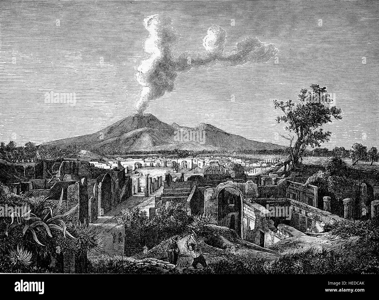 Ruinas de la ciudad romana de Pompeya y el volcán Vesubio, Italia, desde una xilografía de 1880, digital mejorado Foto de stock