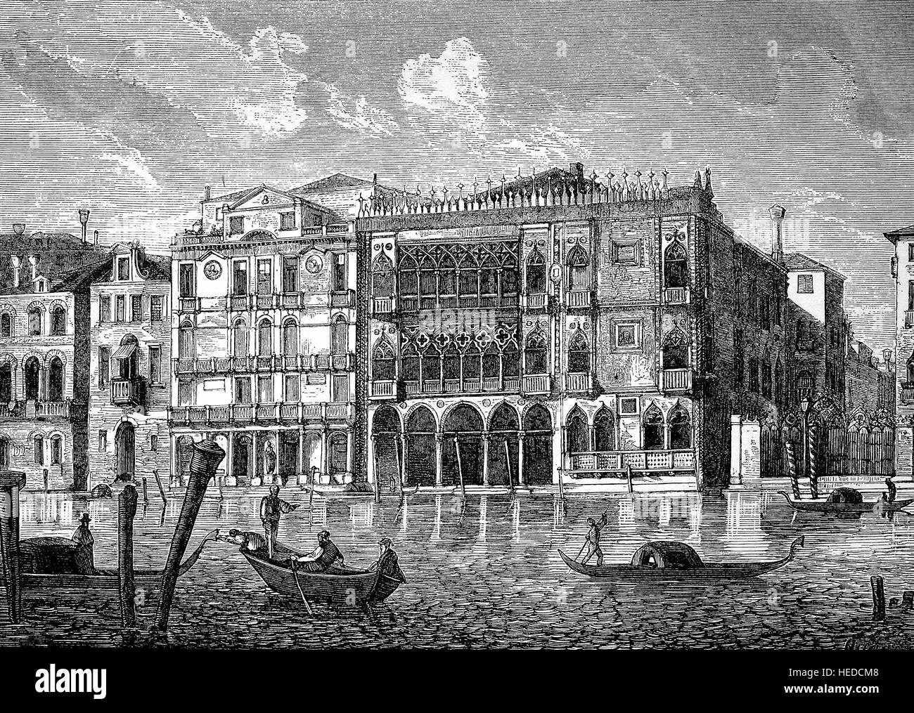 Ca' d'Oro, correctamente Palazzo Santa Sofia, es un palacio en el Gran Canal de Venecia, Italia septentrional das goldene Haus, desde una xilografía de 1880, digital mejorado Foto de stock