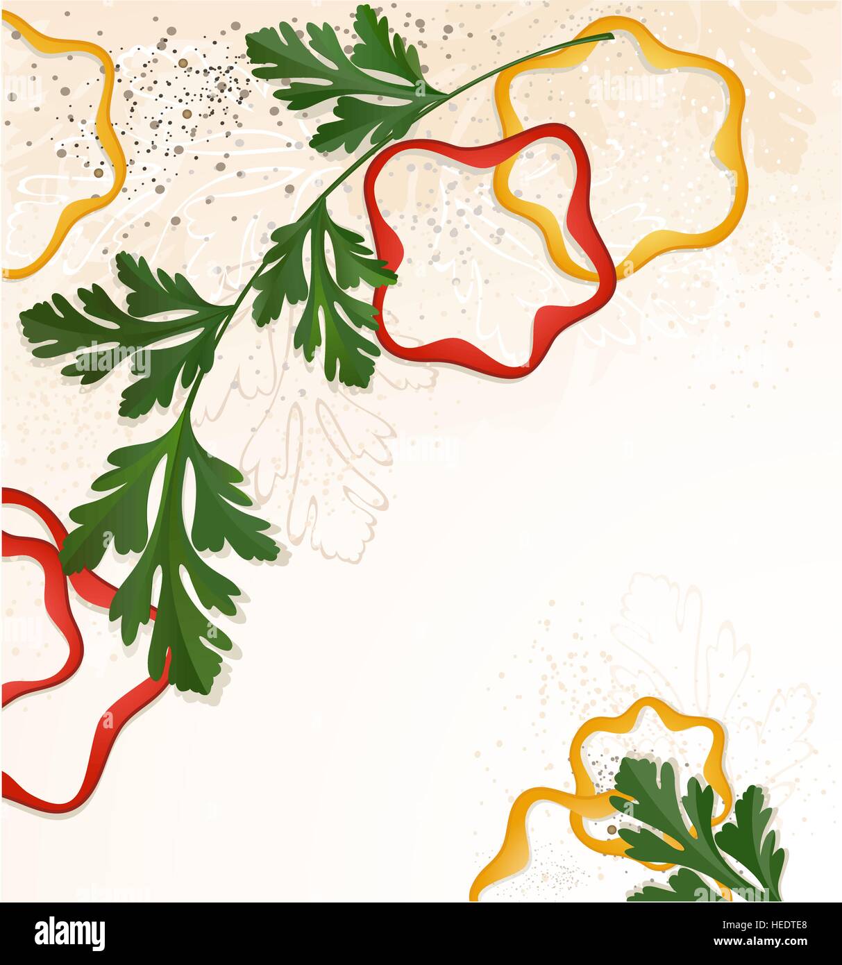 Rama verde, perejil y pimiento rojo y amarillo picado, sobre un fondo decorativo de color beige. Ilustración del Vector