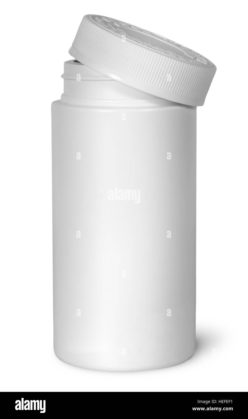 Botella de plástico blanco de vitaminas con la tapa retirada aislado sobre fondo blanco. Foto de stock