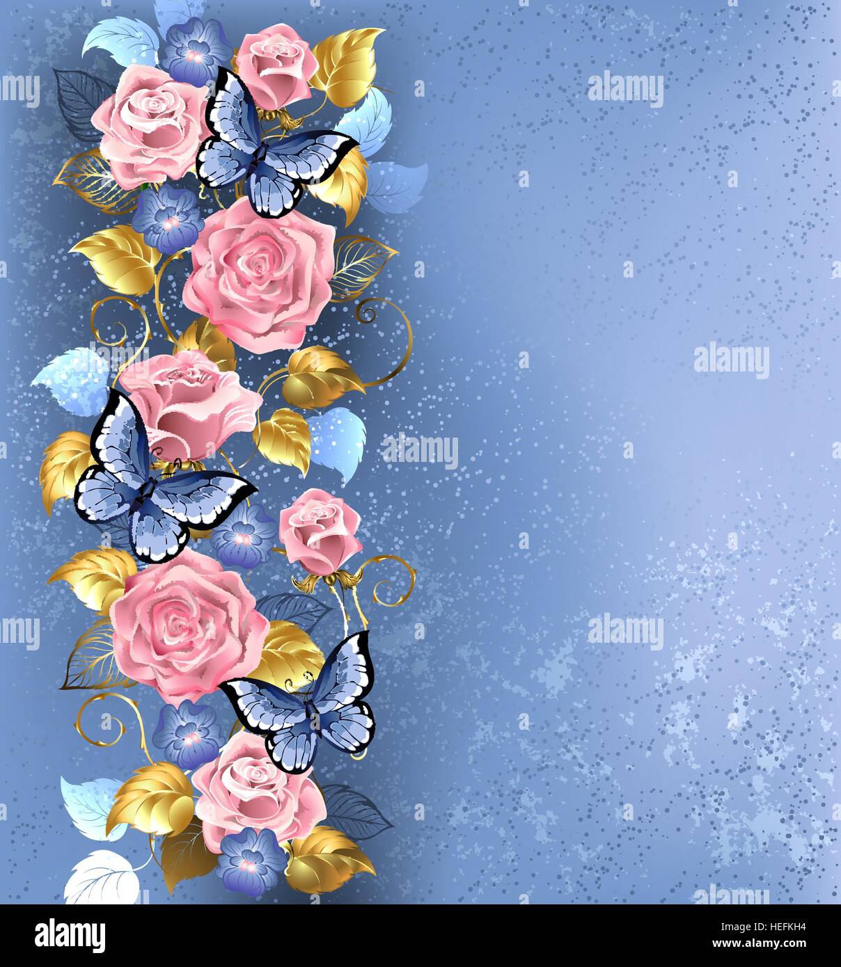 Patrón de Interwoven rosas rosas azules y violetas, mariposas azules decoradas a la moda la textura de fondo. Ilustración del Vector