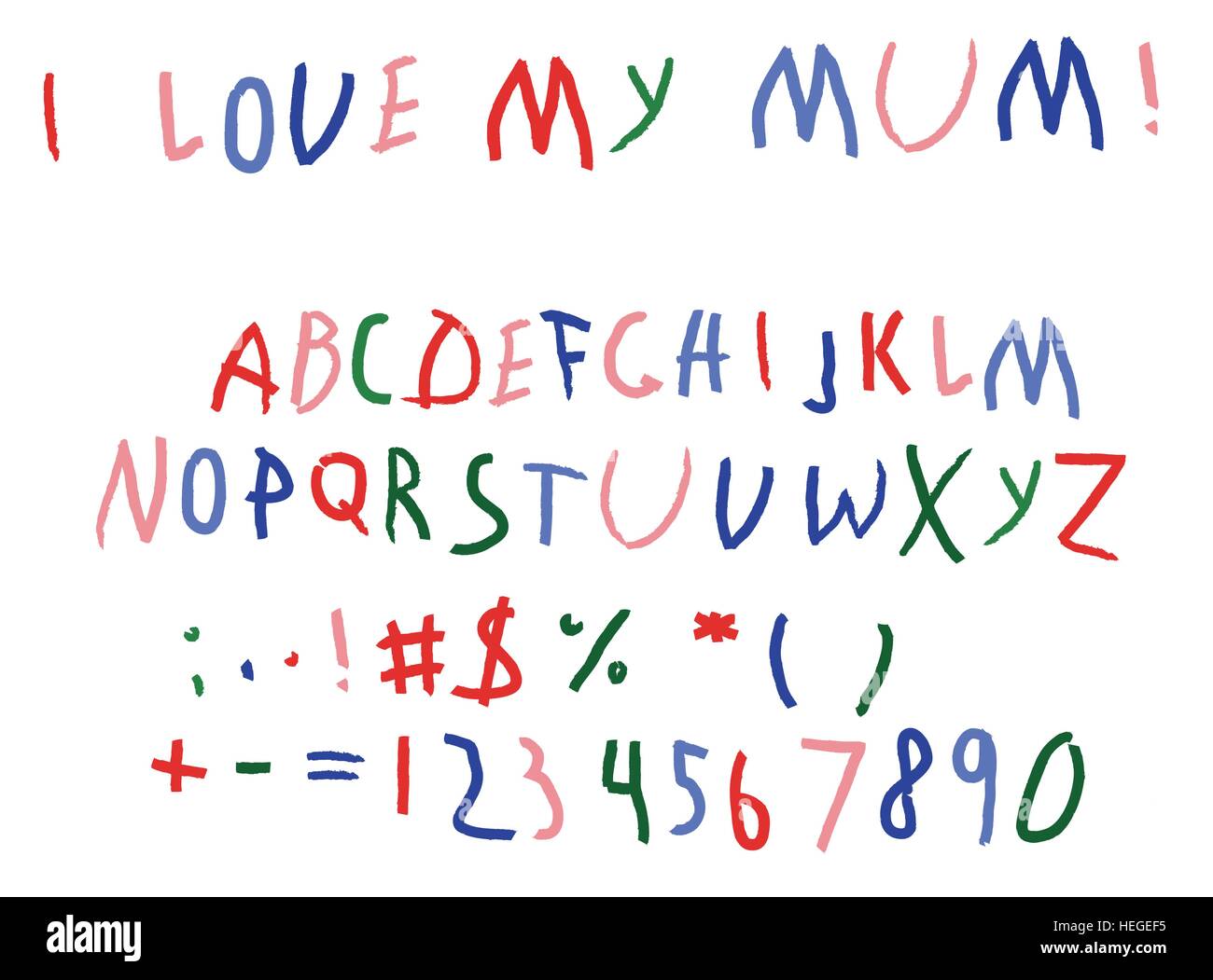 Bebé niño letras script font de escritura a mano. Ilustración del Vector