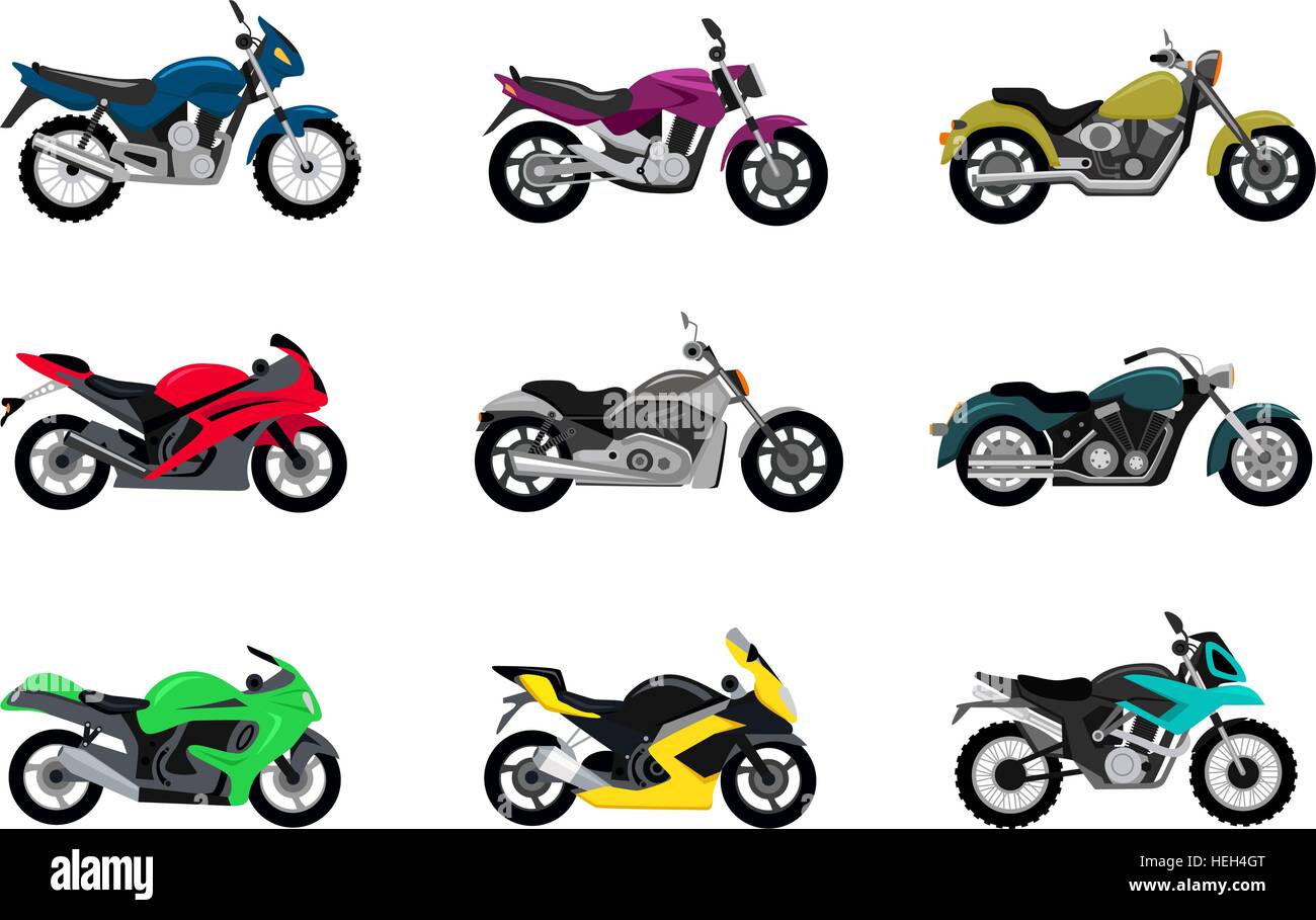 Juego de motos diseño estilo plano. En moto y bicicleta, moto, motocicleta,  aislados y motor, ciclo de motor, viajes Imagen Vector de stock - Alamy