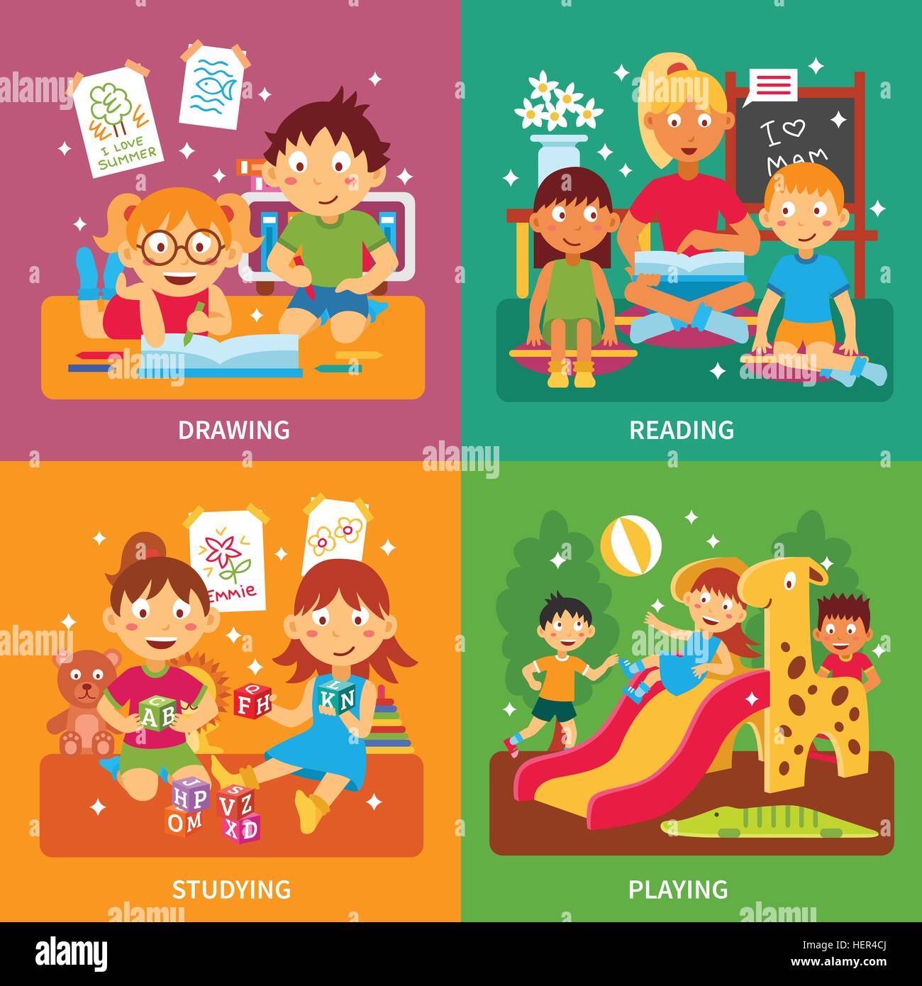 pix Dibujo De Niños Estudiando https www alamy es foto concepto de kindergarten concepto de diseno de jardin de infantes con ninos estudiar y jugar readign dibujo vectorial aislado 129586146 html