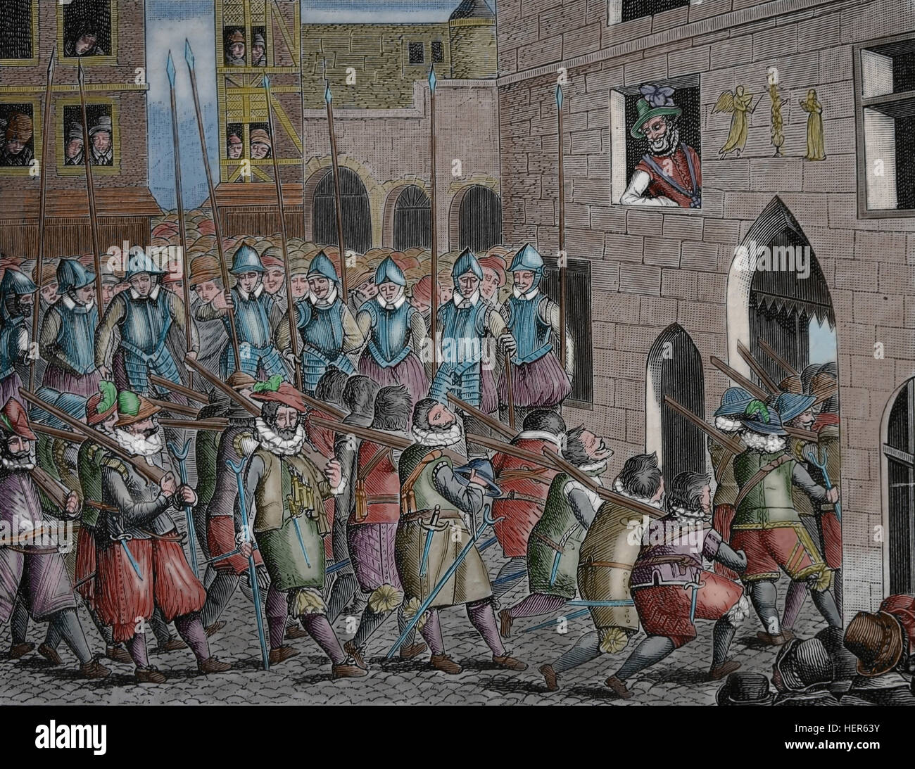 Guerras francesas de la religión, la guerra 1585-1598 1562-1585 8. El rey Enrique IV de Francia viendo la salida de los españoles de la Porte Saint Denis. Foto de stock