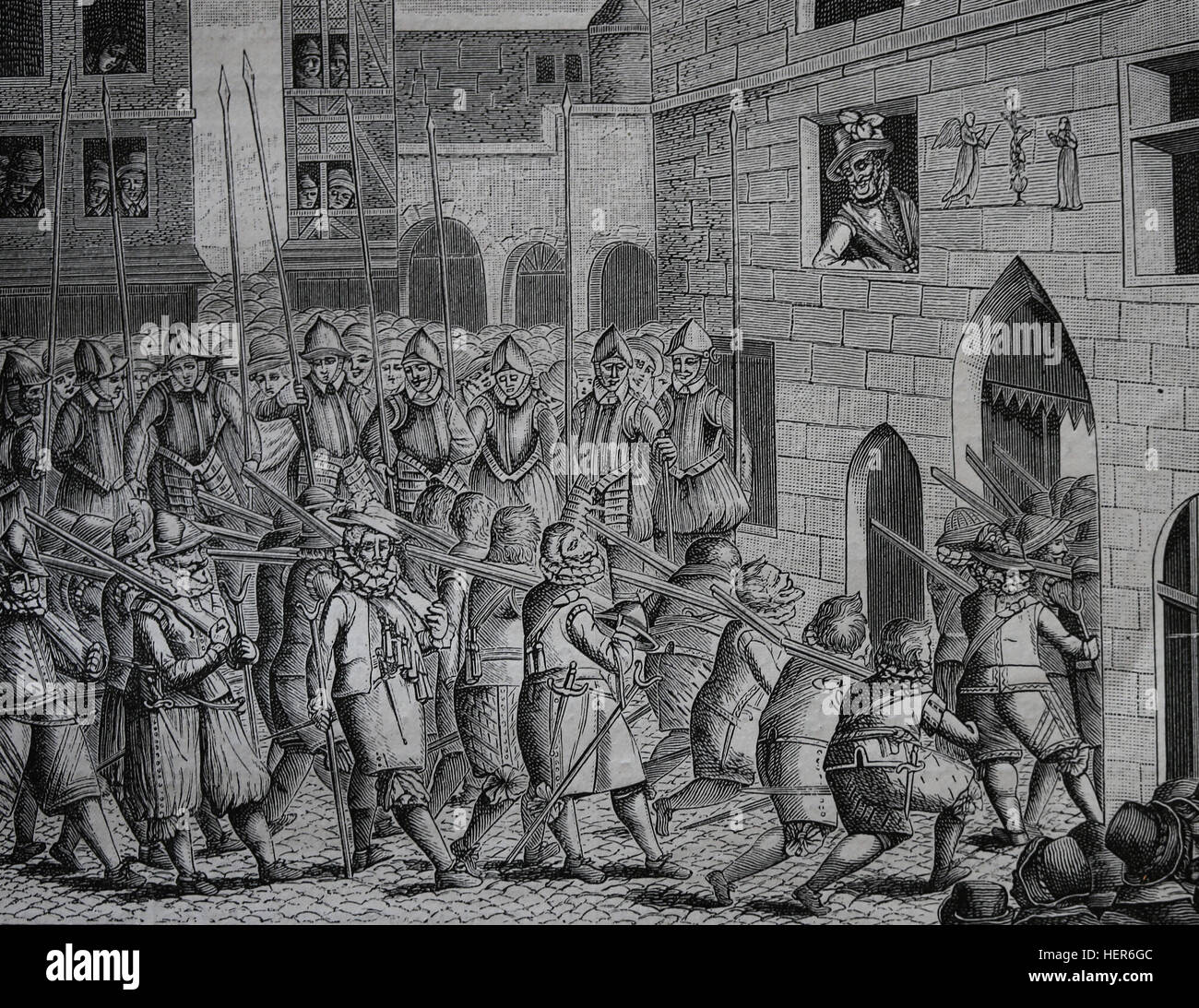 Guerras francesas de la religión, la guerra 1585-1598 1562-1585 8. El rey Enrique IV de Francia viendo la salida de los españoles de la Porte Saint Denis. Foto de stock