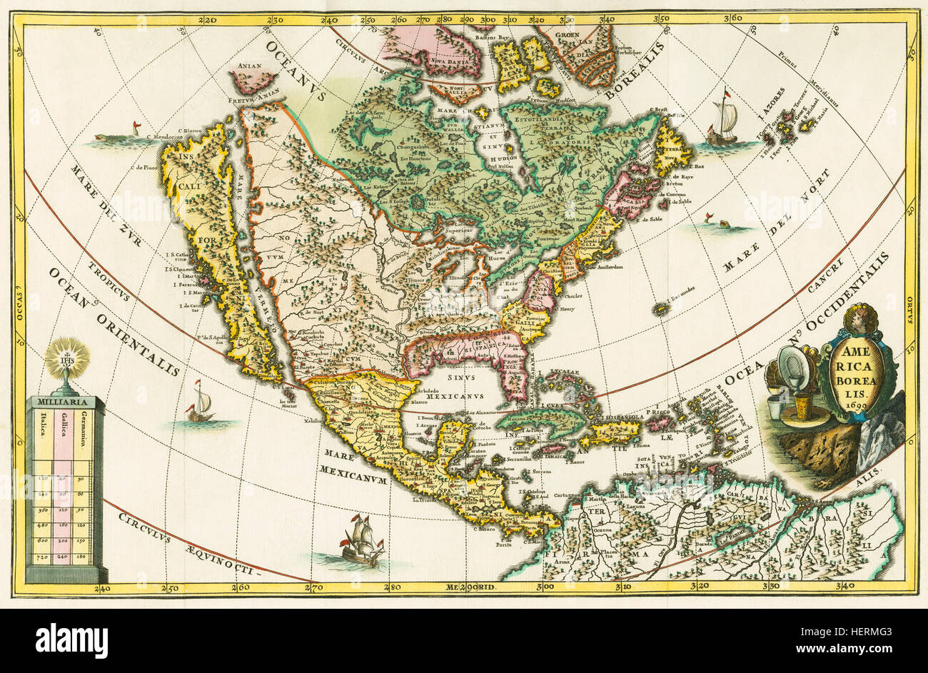 América boreal. Mapa de América del Norte muestra a California como una isla. De Heinrich Scherer, Geographia hierarchica, uno de los siete volúmenes de un conjunto llamado Atlas Novus, publicado por primera vez entre 1702 y 1710. Los 180 mapas en la colección probablemente estaban dispuestos alrededor de 1699-1700. Este mapa es de fecha 1699 en la orla. Foto de stock