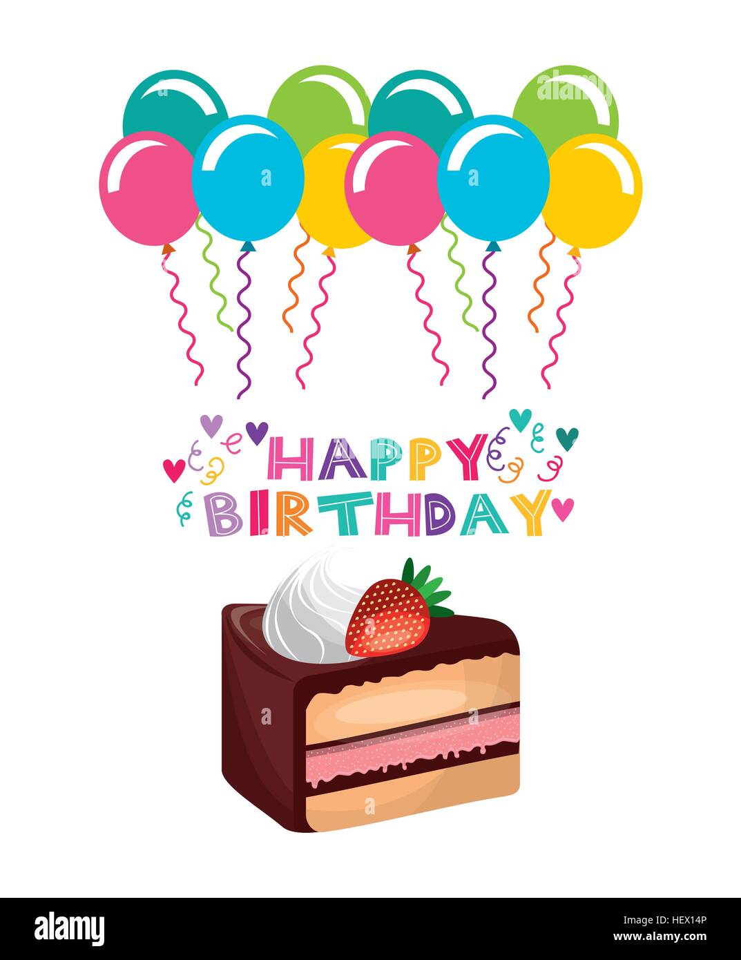 Tarjeta de Feliz cumpleaños con torta y globos icono sobre fondo blanco.  ilustración vectorial diseño colorista Imagen Vector de stock - Alamy