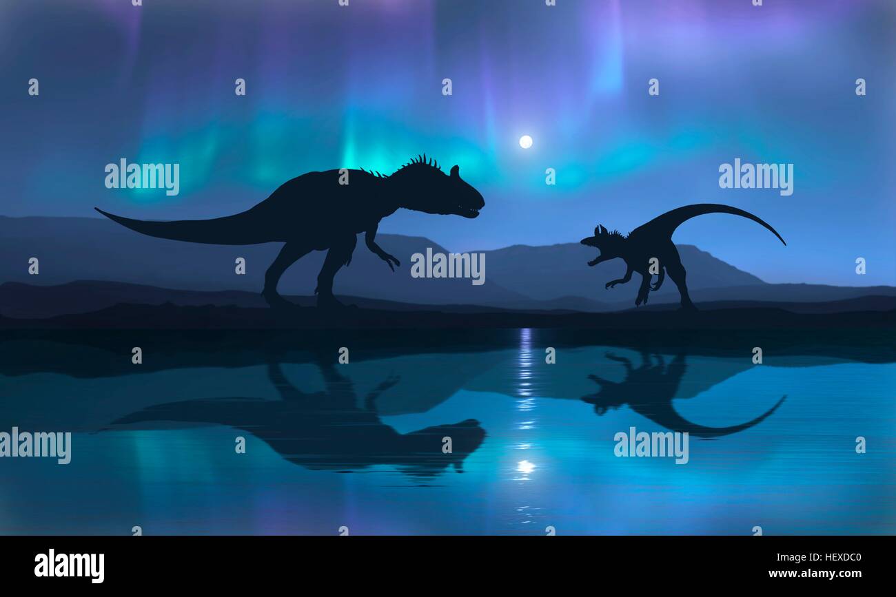 Cryolophosaurus dinosaurios.Gráfico del par de sparring Cryolophosaurus,un dinosaurio carnívoro que vivió en la Antártida durante el Jurásico Temprano,,196 a 190 millones de años.fue alrededor de 6 metros de longitud.La región que ahora es la Antártida tenía un clima más cálido durante este periodo.La cresta distintiva del animal probablemente fue usado para mostrar, por ejemplo durante el apareamiento o la competencia por territorio.Las luces vistas en el cielo son aurora australis,el sur de equivalente de auroras boreales (luces del norte).es causado por partículas cargadas del sol interactúan la atmósfera superior. Foto de stock