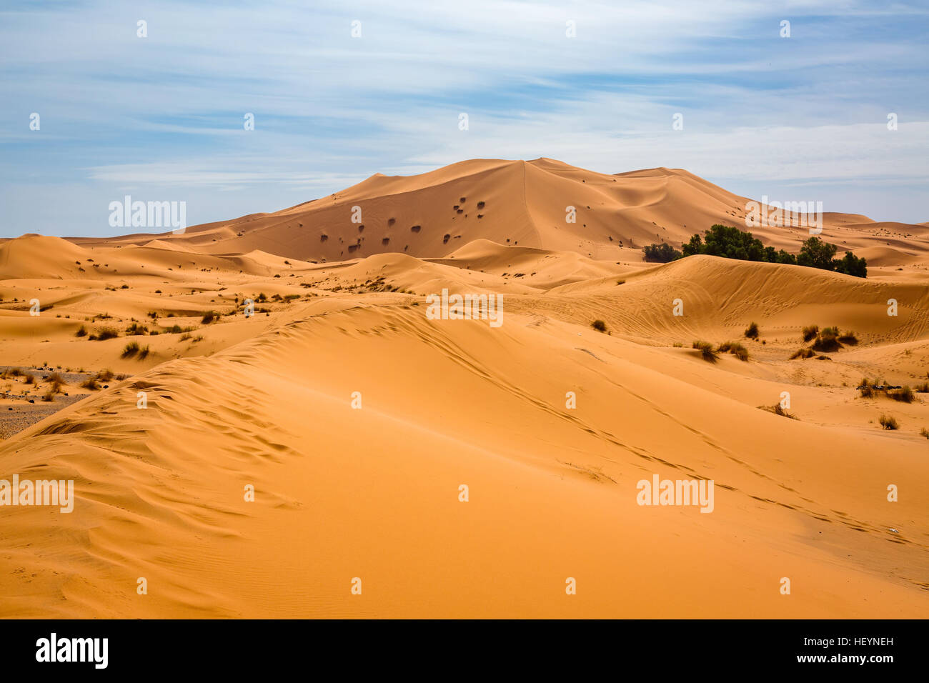 Las dunas de arena del desierto del Sahara, cerca de Merzougha en Marruecos Foto de stock