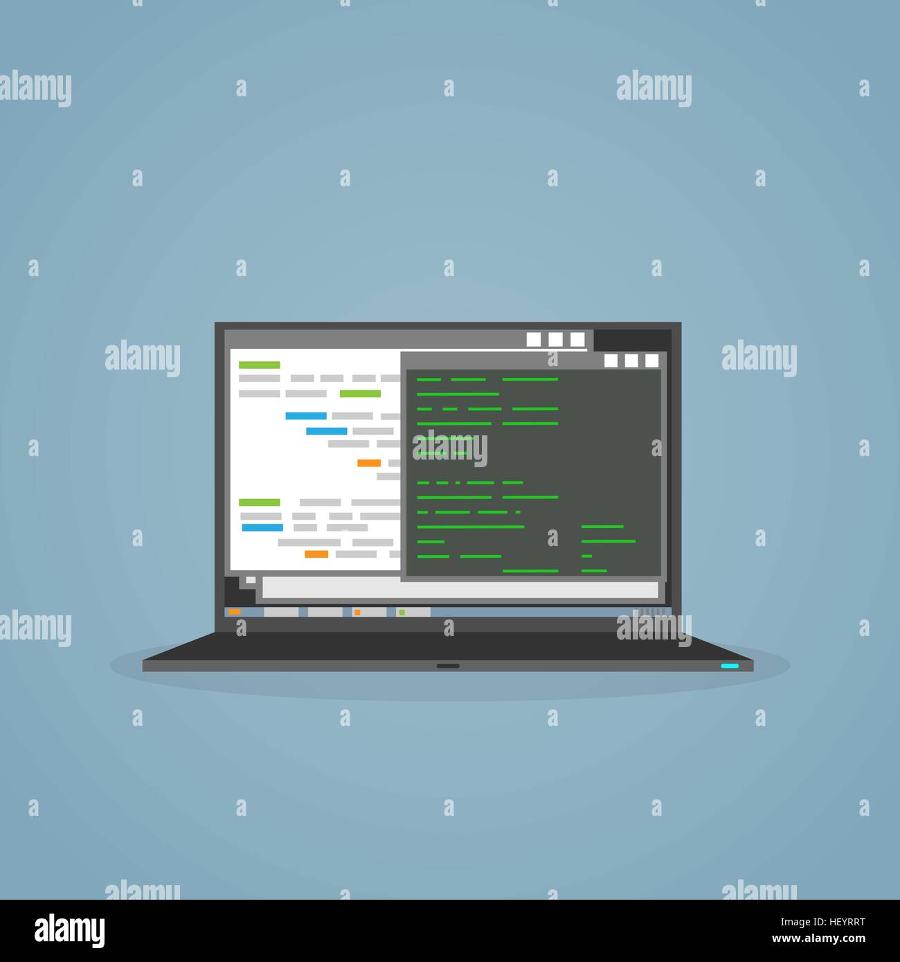 Programación y desarrollo de software de monitor de pantalla portátil. Programador portátil para aplicaciones de software woth codding. Ilustración del Vector