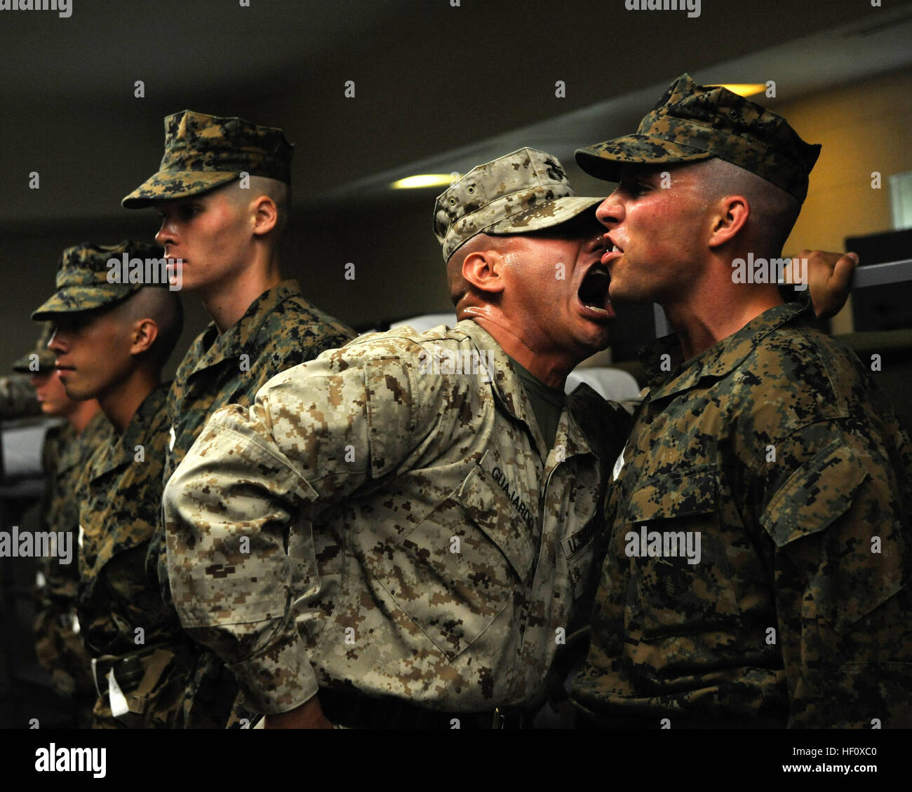 Los candidatos a la Infantería de Marina de los Estados Unidos candidatos encuentro Escuela Oficial de su sargento instructores por primera vez a bordo del Marine Corps Base Quantico, Virginia el 13 de julio de 2012. El sargento instructores se encargan de cambiar la mentalidad de los hombres y mujeres jóvenes de estudiante universitario al oficial del Cuerpo de Infantería de Marina (EE.UU. Marine Corps foto por Lance Cpl. Diana L. Sims/No liberado). Viernes Negro 120731-M-WG312-002 Foto de stock