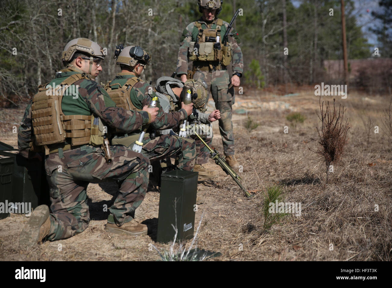 Marine Raiders de la empresa F, 2d Marine Raider Batallón, perfeccionaron sus habilidades disparando morteros de 60 milímetros durante un ejercicio colectivo de la empresa en Fort Jackson, Carolina del Sur, el 25 de febrero de 2016. 2d MRB Raiders' habilidades probadas en CCE 160225-M-LS286-006 Foto de stock