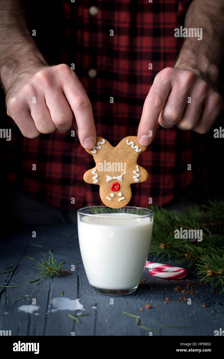 Galletas de jengibre y leche. Hombre sujetando gingerbread man cookie y va a hundirse en un vaso de leche. Comida de Navidad art Foto de stock