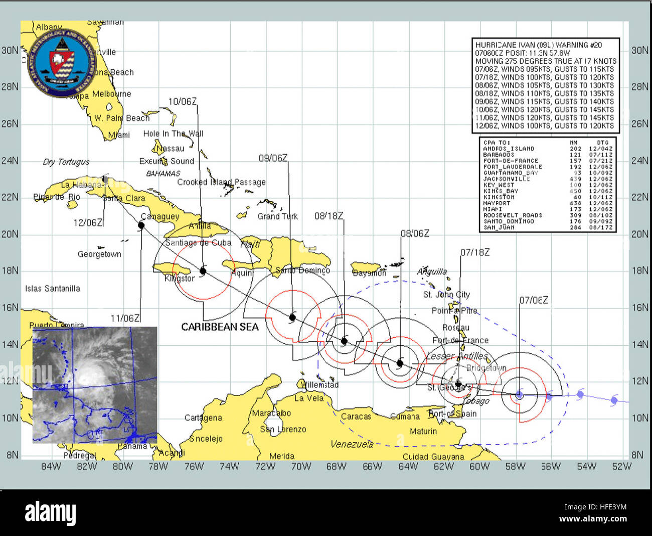 040907-N-0000X-001 del Océano Atlántico (Sept. 7, 2004) - pronóstico actual senda proyectada y las velocidades del viento del huracán Iván en septiembre del 7 al 12 de septiembre. Iván, un huracán de categoría tres en la escala Saffir-Simpson de huracanes, está a aproximadamente 45 millas al noreste de Tobago, desplazando a cerca de 18 MPH. Vientos máximos sostenidos permanecen cerca de 115 km/h con vientos extender hacia afuera hasta 70 millas. La tormenta se espera que gire gradualmente hacia el oeste-noroeste en la tarde del martes. Los pronosticadores dice Ivan es el huracán más poderoso para desarrollar en esa latitud baja registrada en la historia de huracanes del Atlántico. Foto proporcionada por Foto de stock