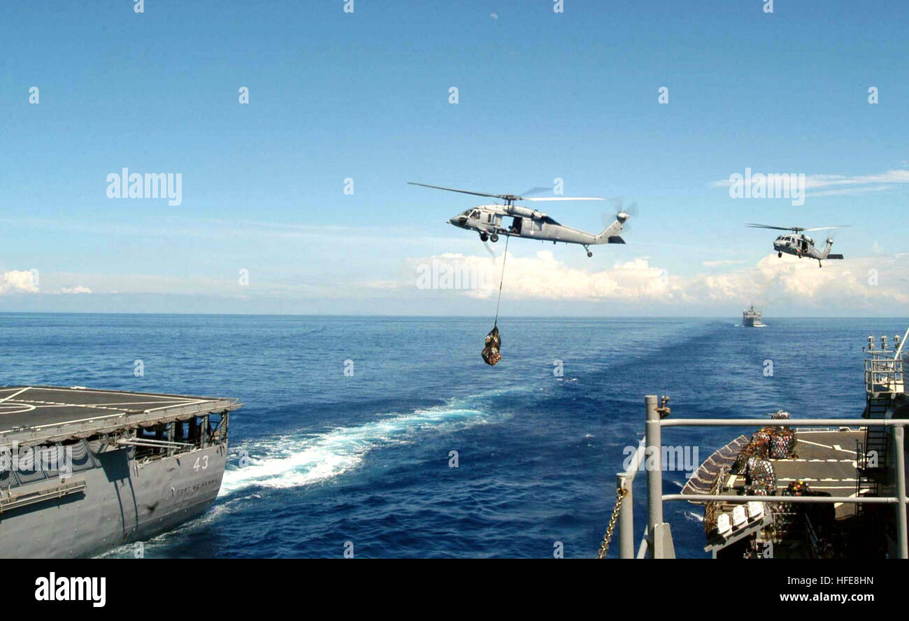 050118-N-3372S-007 Océano Índico (Ene. 18,2005) - Dos helicópteros MH-60S Knighthawk, ambos asignados a la ÒProvidersÓ del Escuadrón de Apoyo de helicópteros de combate (HC-5), destacamento 3, realizar un reabastecimiento vertical entre el comando de Transporte Marítimo Militar (MSC) de combate buque USNS Niagara Falls (T-AFS 3) y USS Fort McHenry (LSD 43). Niagara Falls está actualmente sirviendo como parte de la séptima Flota fuerza logística (CTF 73) y realizar un papel vital en los esfuerzos de socorro siguen entregando provisiones, almacena y suministra a los buques de la Marina, junto con los envíos de ayuda humanitaria en apoyo de la operación Unifi Foto de stock