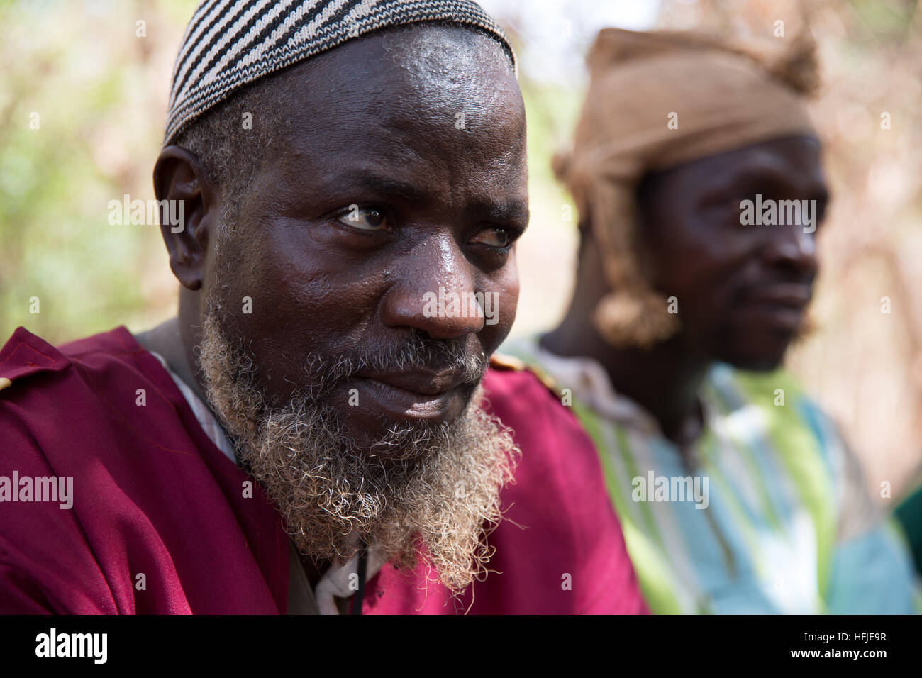 Gbderedou Baranama, Guinea, el 2 de mayo de 2015; un grupo de cazadores de la aldea con sus pistolas. Cazan en el bosque cada día. Foto de stock