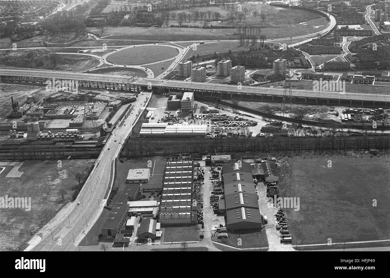 Vista aérea de la autopista M6 en Castle Bromwich Birmingham en construcción en 1972 Foto de stock