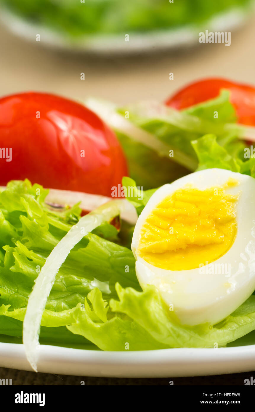 Huevo duro, lechuga y jugosa de color rojo cereza con cebollas en una placa cerca de soft-focus en el fondo Foto de stock