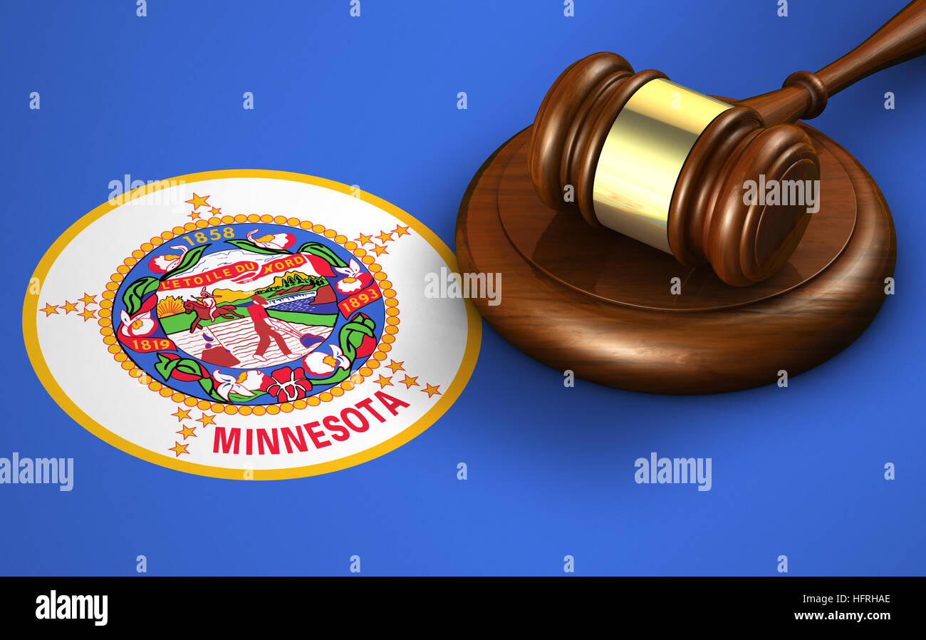 Nosotros la ley del estado de Minnesota, el sistema jurídico y concepto de justicia con un martillo en la bandera Minnesotan. Foto de stock