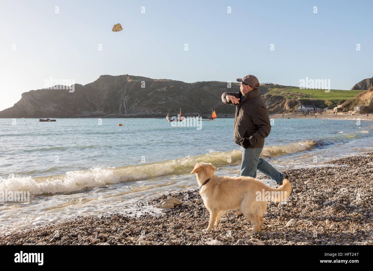 El hombre y el perro jugando en la playa arrojando rock en un soleado día de invierno Foto de stock