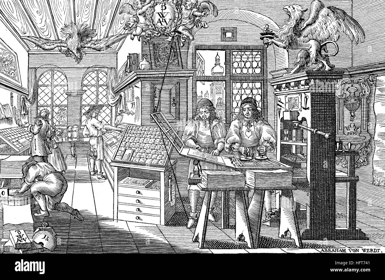 Las impresoras y los trabajadores de un taller para la impresión de libros en el siglo XVII, Alemania, xilografía a partir del año 1885, digital mejorado Foto de stock