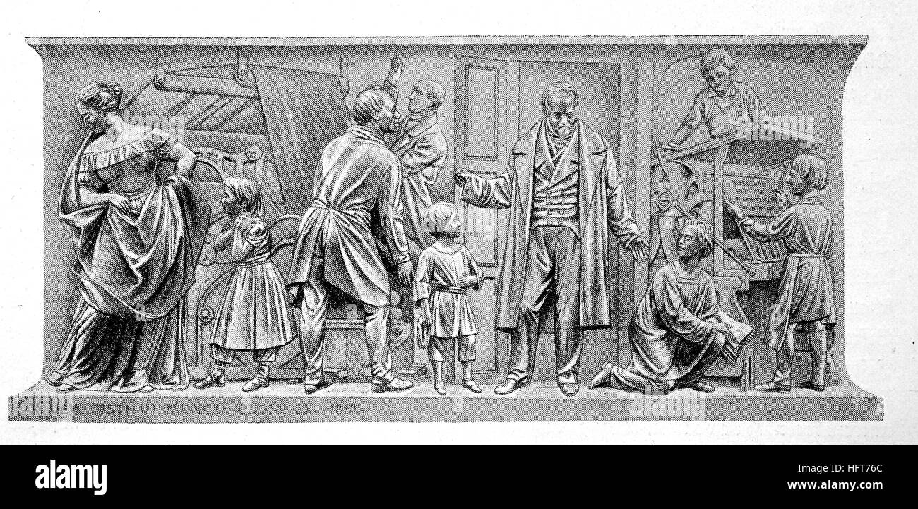 El pedestal del alivio de Friedrich Drake en el monumento a Beuths von beso a Berlín muestra una pulsación rápida para la impresión de libros de la xilografía, Alemania, desde el año 1885, digital mejorado Foto de stock