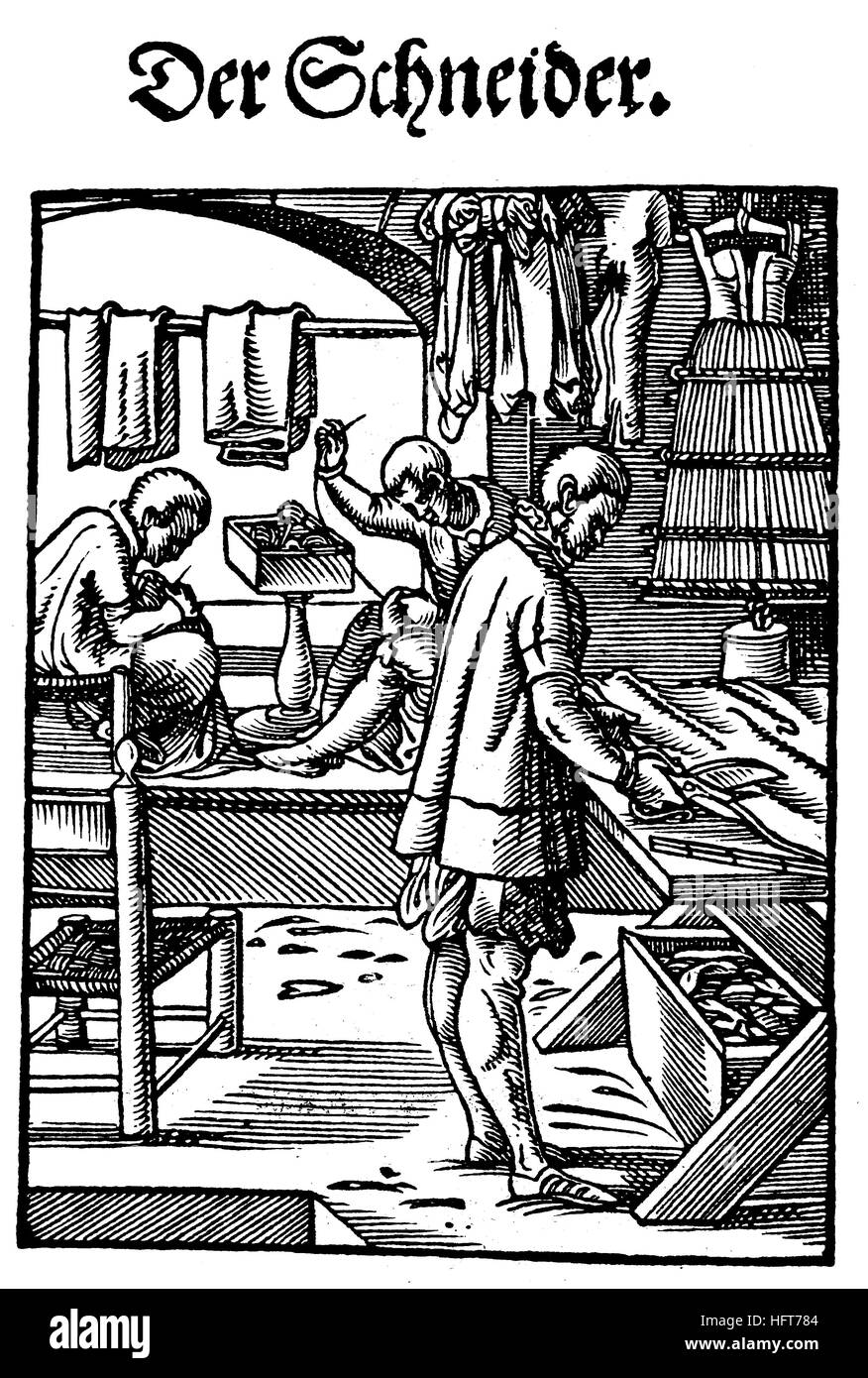 El sastre, Der Schneider, de la xilografía, Das Saendebuch, una famosa serie de xilografías de los oficios de Amman, en 1568, Alemania, el artesanado, el trabajo artesano, xilografía a partir del año 1885, digital mejorado Foto de stock