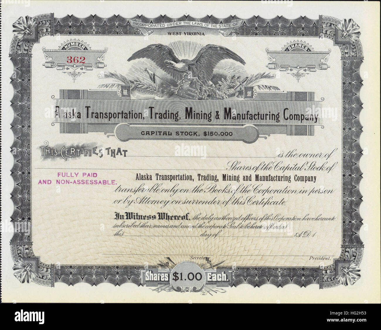 1890 Alaska el transporte, el comercio, la minería y la manufactura de certificados bursátiles de la empresa - EE.UU. Foto de stock