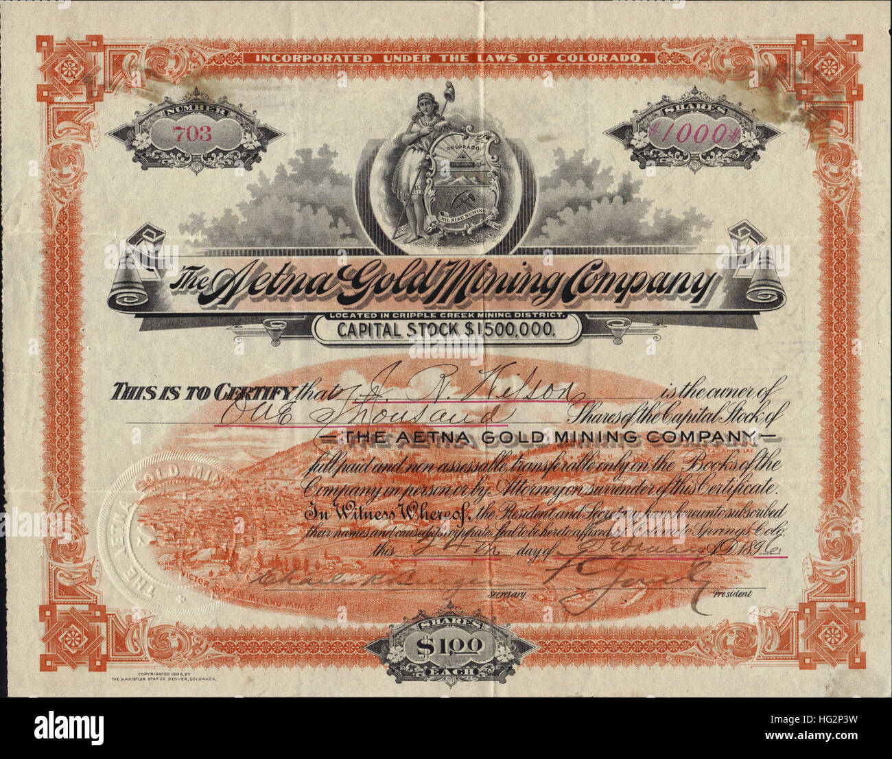1896 Aetna Gold Mining Company Certificados Bursátiles distrito - Cripple Creek, Colorado - USA Foto de stock