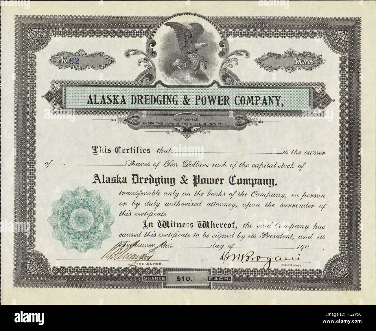 A principios de 1900 Alaska dragado y certificado de acciones de la empresa de energía - ESTADOS UNIDOS Foto de stock
