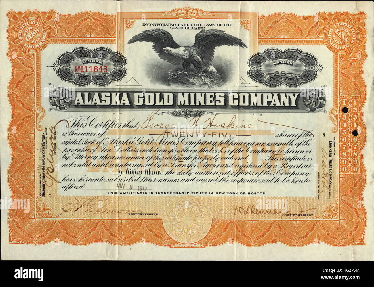 La mina de oro de Alaska de 1917 Certificado de acciones de la empresa - Gold Creek Lode - Juneau, Alaska - ESTADOS UNIDOS Foto de stock