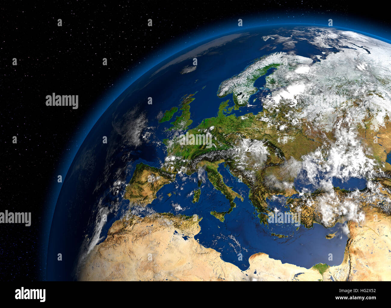 La tierra vista desde el espacio mostrando Europa. Ilustración digital realista incluyendo mapa de relieve sombreado de terreno. Por favor, el crédito de la Nasa. Foto de stock