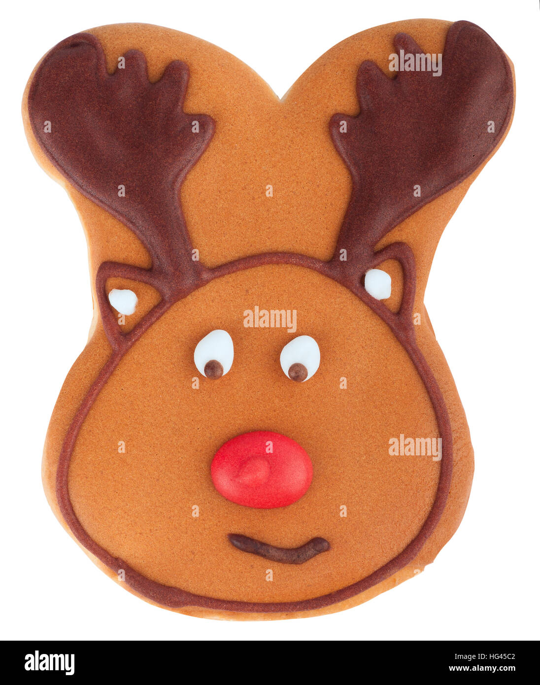 Navidad gracioso ciervo gingerbread cookie aislado sobre fondo blanco. Foto de stock
