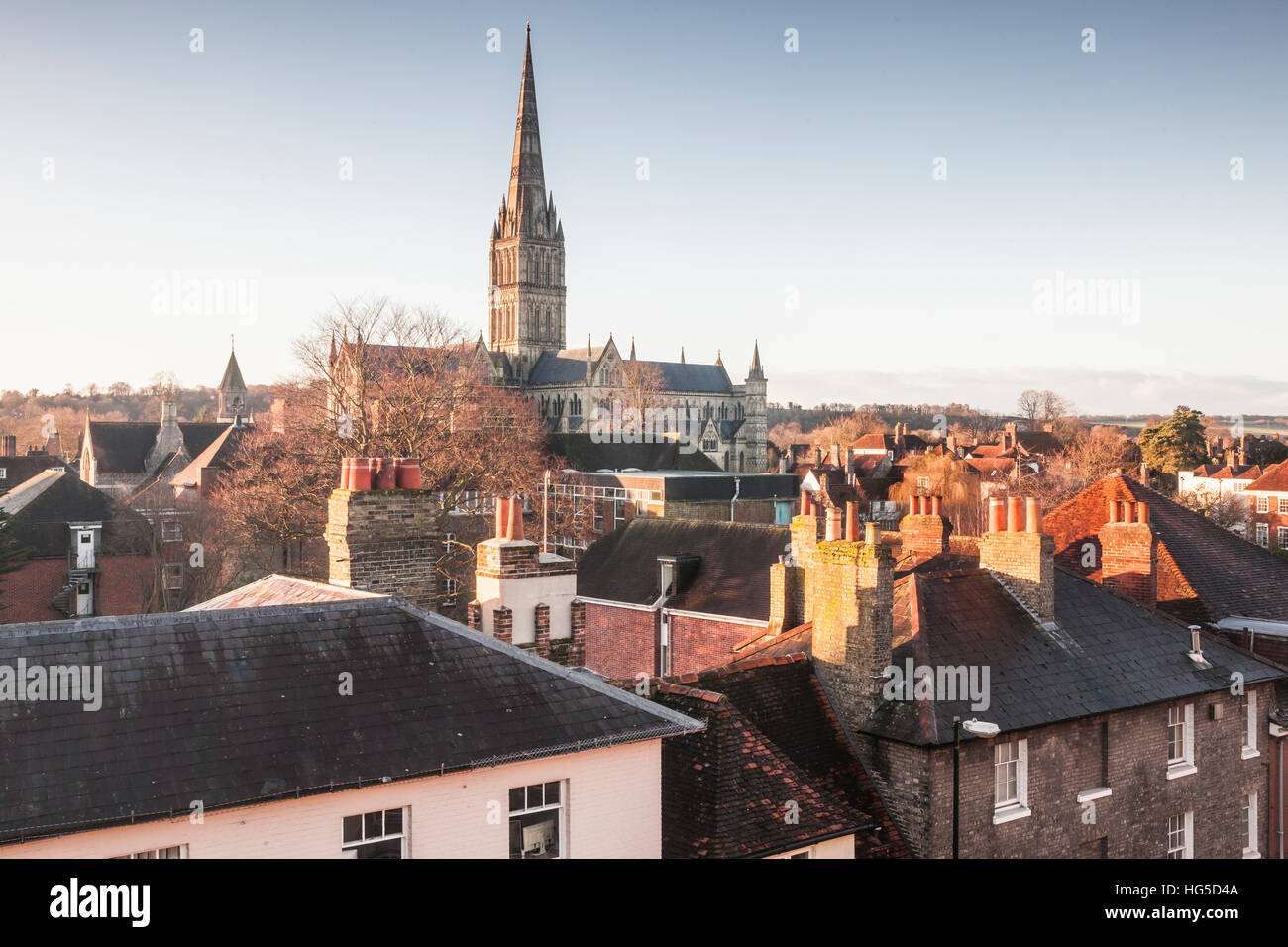 La catedral de Salisbury a través de los tejados de la ciudad, Salisbury, Wiltshire, Inglaterra, Reino Unido Foto de stock