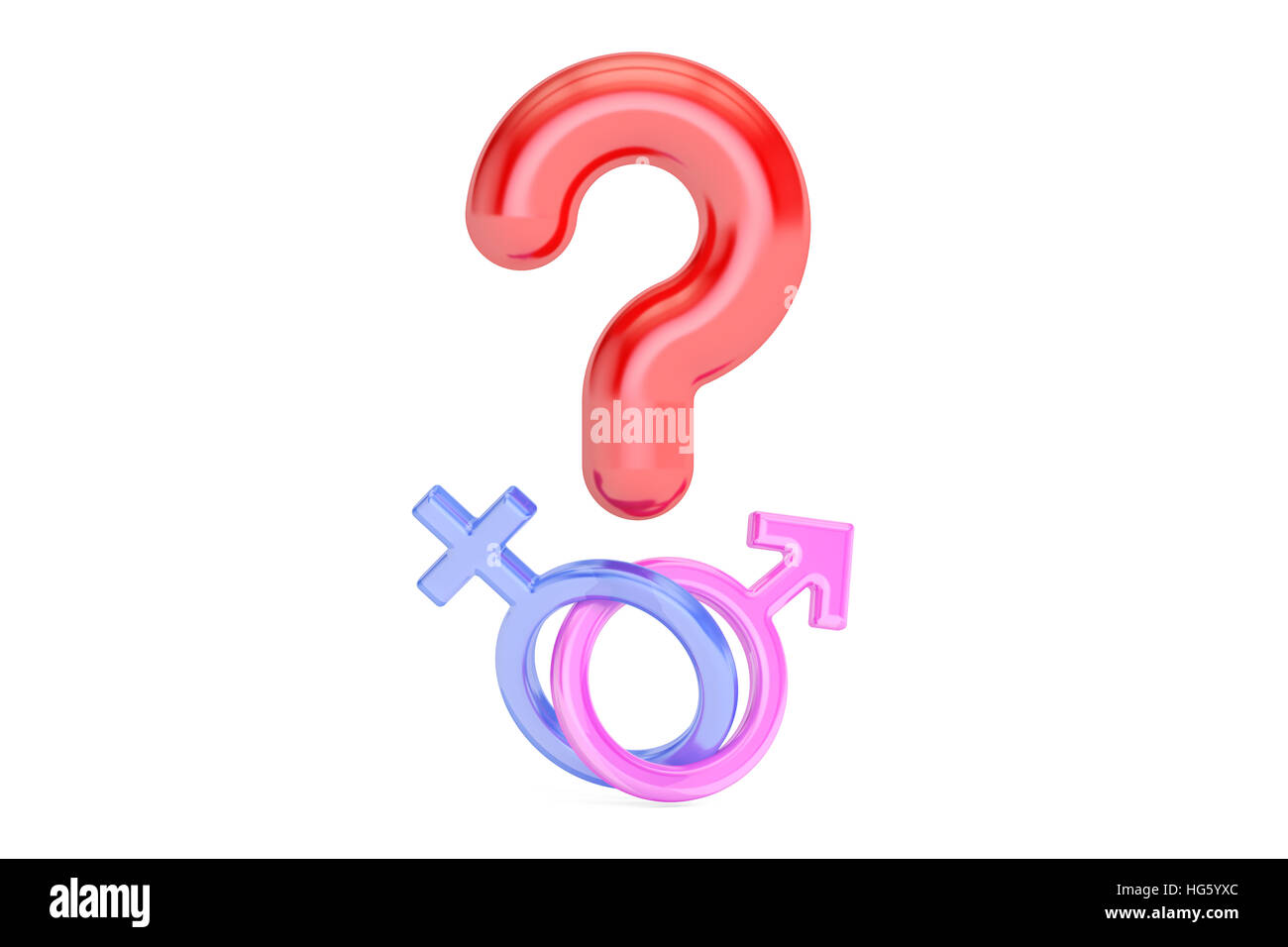 Signo de interrogación con el género masculino y femenino , símbolos 3D rendering aislado sobre fondo blanco. Foto de stock