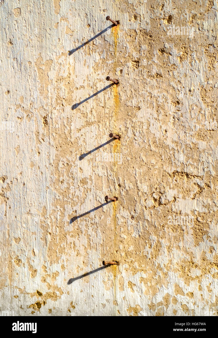 Fila de clavos oxidados clavados en la pared, bajo la luz de la tarde. Salento, Italia. Foto de stock
