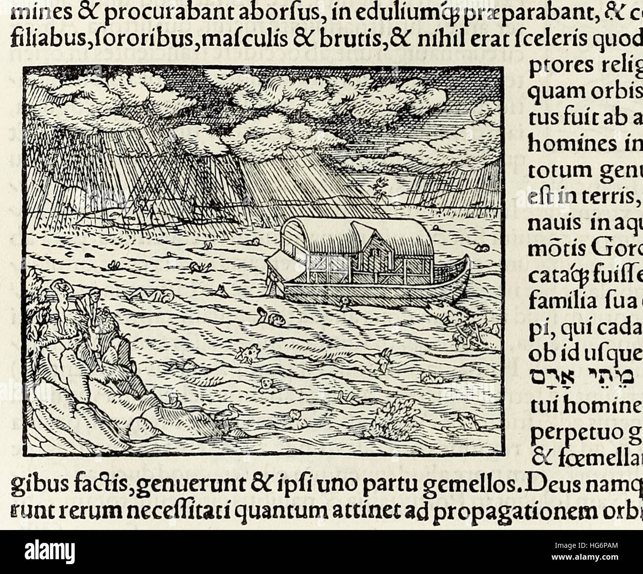 El Arca de Noé y el diluvio, xilografía de 1550 edición de 'Cosmographia' por Sebastián Munster (1488-1552). Consulte la descripción para obtener más información. Foto de stock