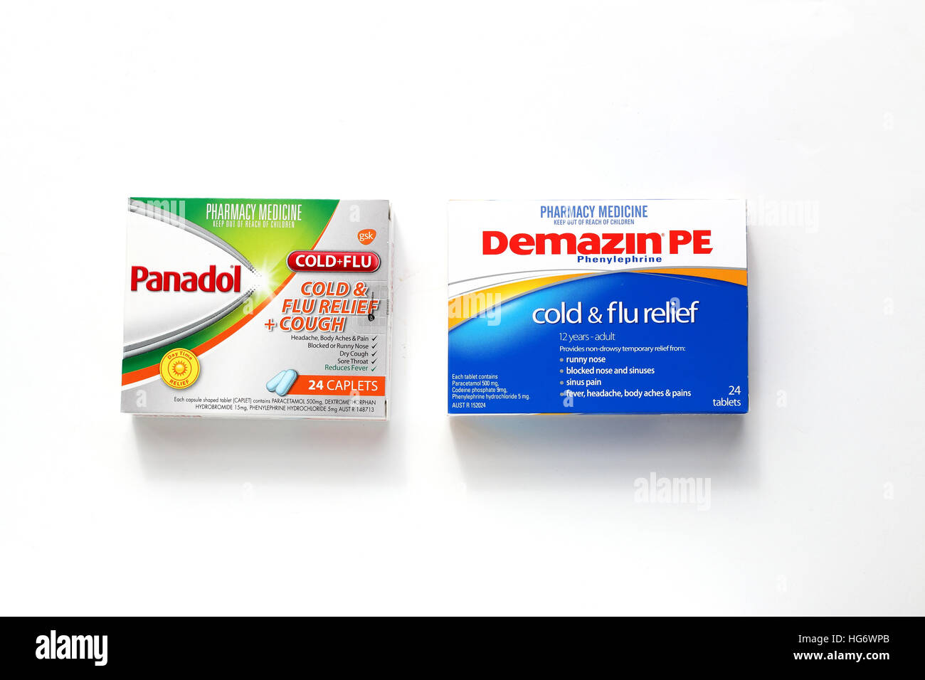 Demazin y Panadol tos y resfriado y gripe tabletas de socorro en una caja aislada contra el fondo blanco. Foto de stock