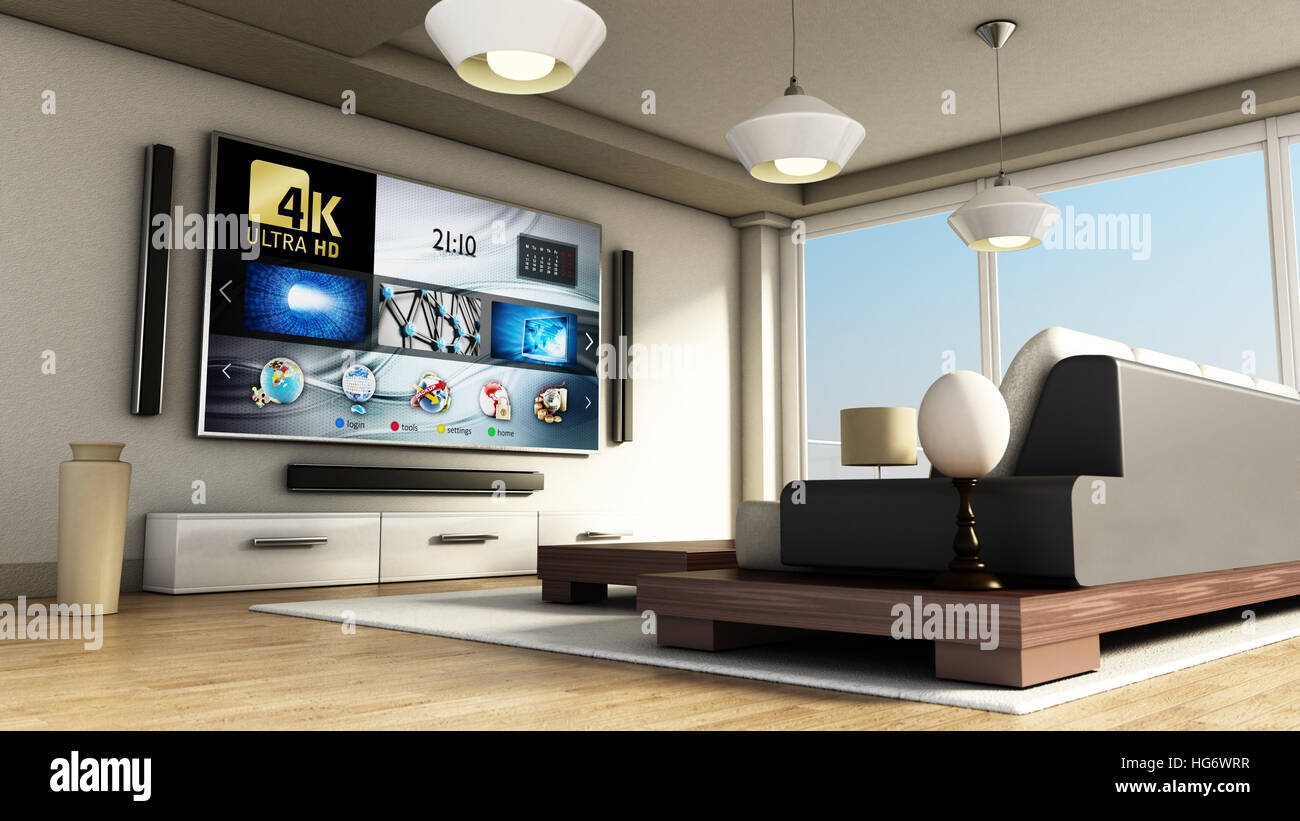 Moderna sala de TV inteligente 4K, con grandes ventanas y suelo de parqué.  Ilustración 3D Fotografía de stock - Alamy