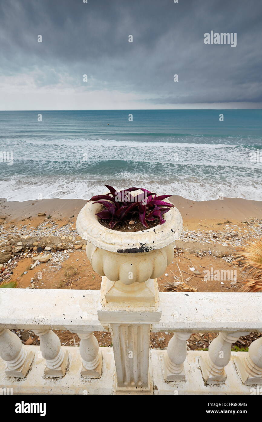 Maceta ornamental, en el paseo marítimo a lo largo de una playa pequeña en  el S.E.pabellones frente a la costa de la península de promontorio sobre el  que se levanta Fotografía de