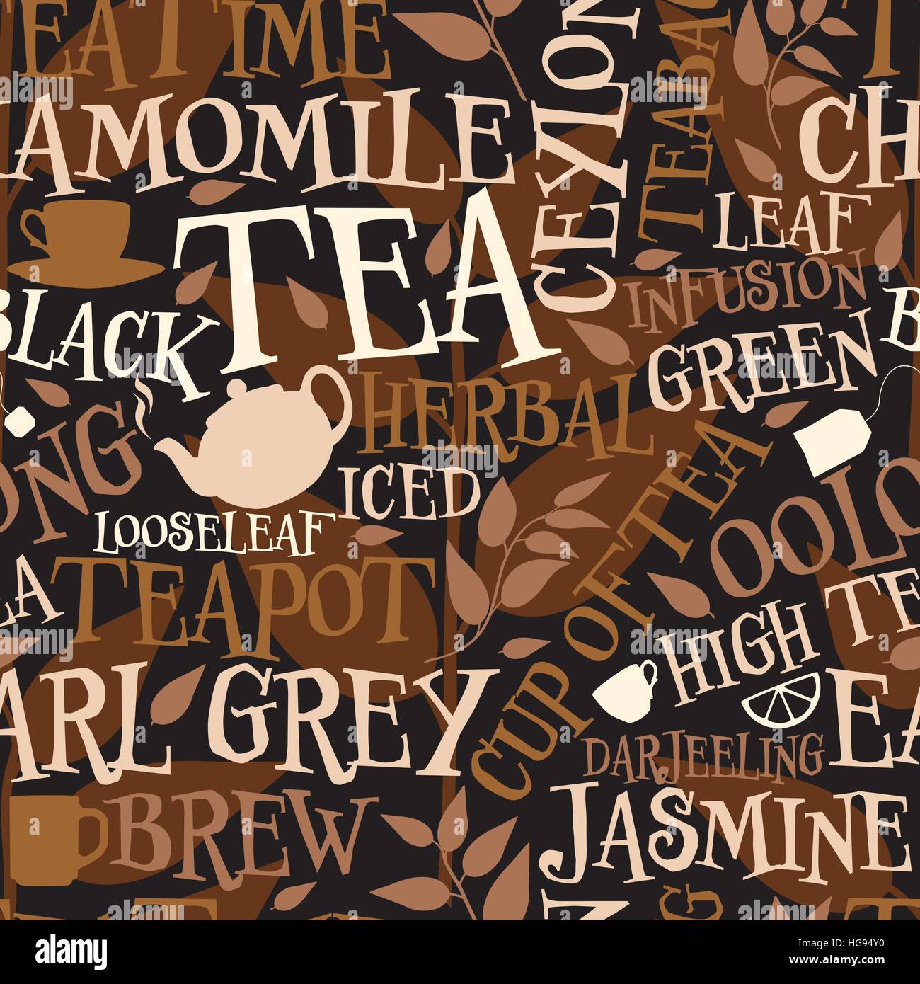 Vector seamless tile de palabras y símbolos de té Ilustración del Vector