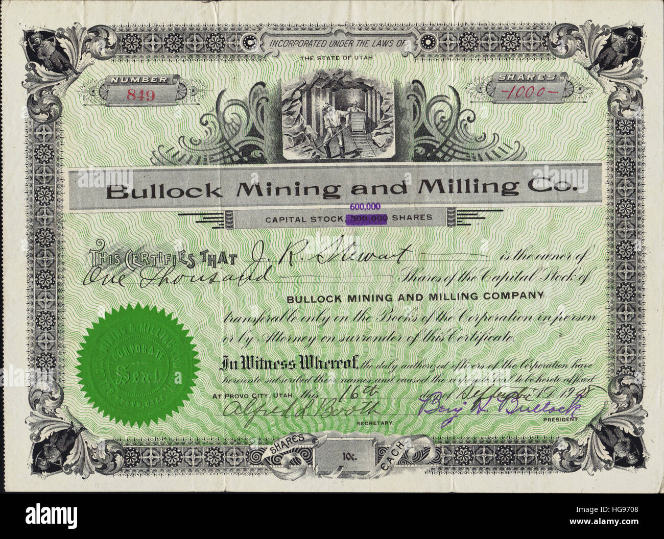 Bullock, 1908 Acciones de la compañía de minería y molienda Certificado - ciudad de Provo, Utah, EE.UU. Foto de stock