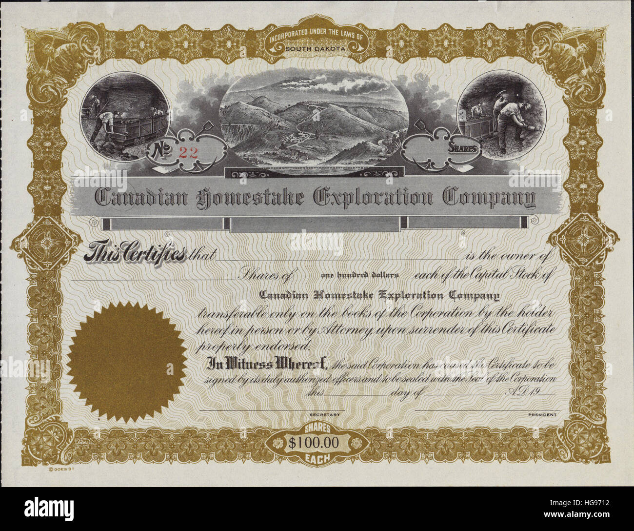 A principios de 1900 Canadian Homestake Exploration Company - Certificados Bursátiles constituidas en Dakota del Sur Foto de stock