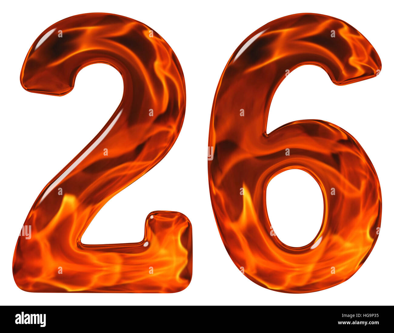 26 26 numeral imitaciones de vidrio y un fuego llameante aislado