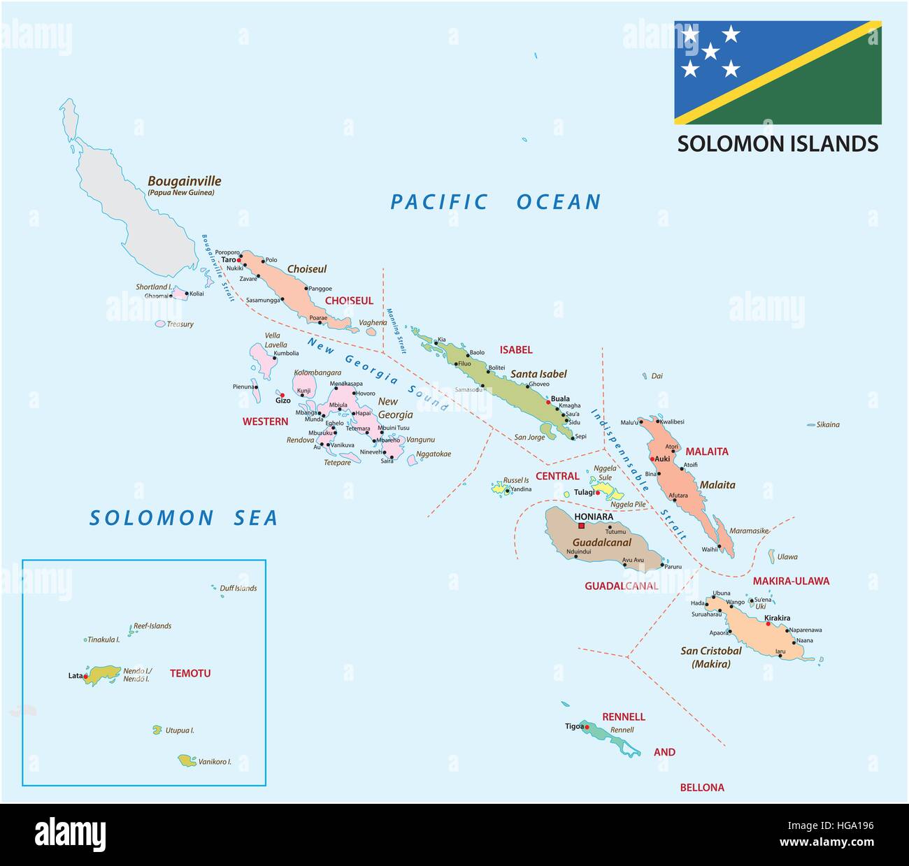 Las Islas Salomón mapa administrativo y político con la bandera Imagen  Vector de stock - Alamy
