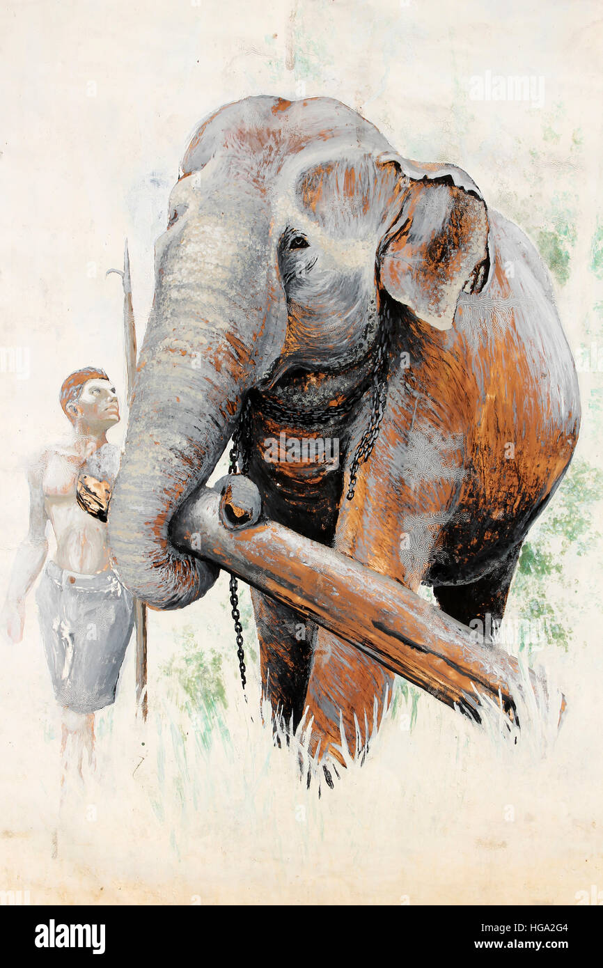 Pintura de un mahout con su trabajo de elefantes asiáticos Foto de stock